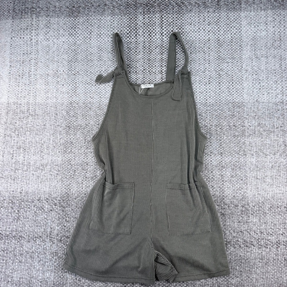 Ekouaer Ribbed Knit Striped Romper Small Olive Green Tie Shoulder Loungewear NEW